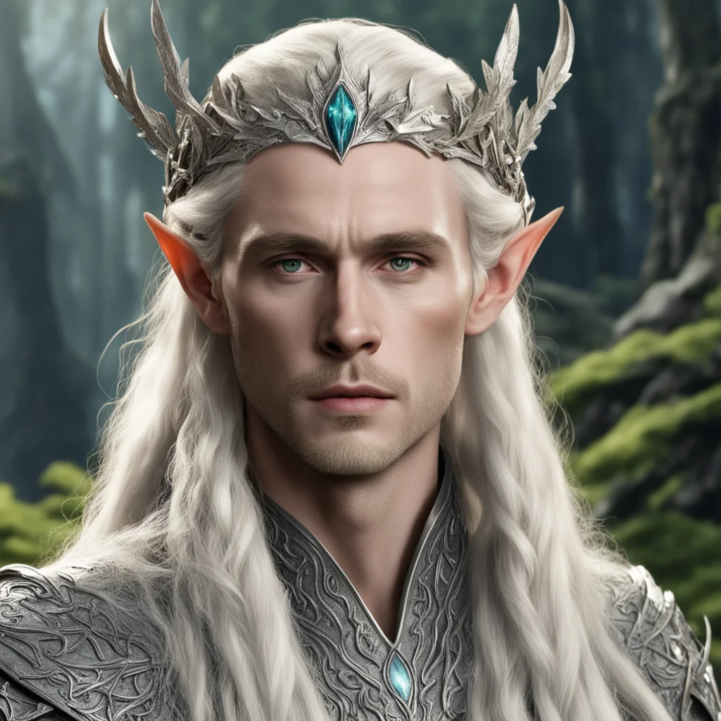 king thranduil with blond hair with braids wearing oak leaves of silver elvish circlet encrusted with diamonds 