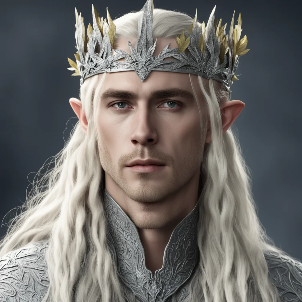king thranduil with blond hair with braids wearing oak leaves of silver elvish circlet encrusted with diamonds amazing awesome portrait 2