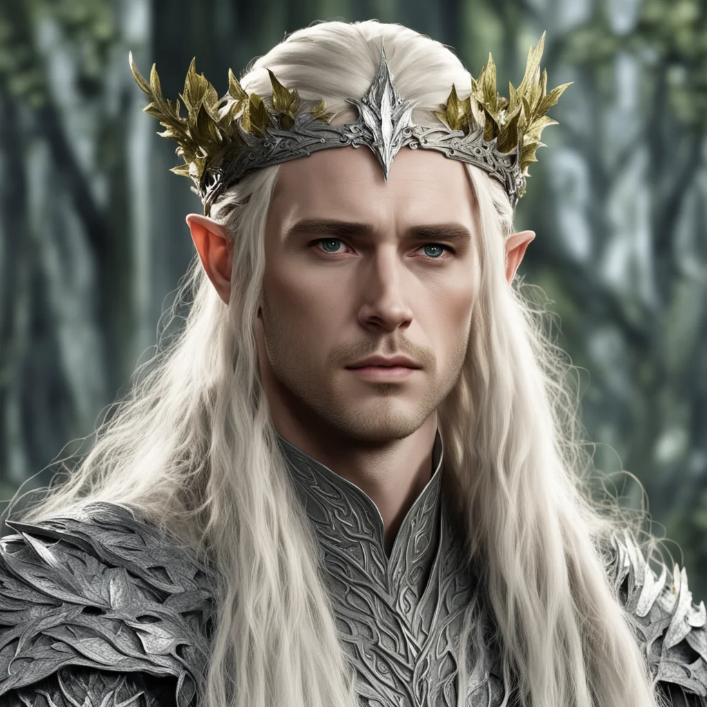 king thranduil with blond hair with braids wearing oak leaves of silver elvish circlet encrusted with diamonds confident engaging wow artstation art 3