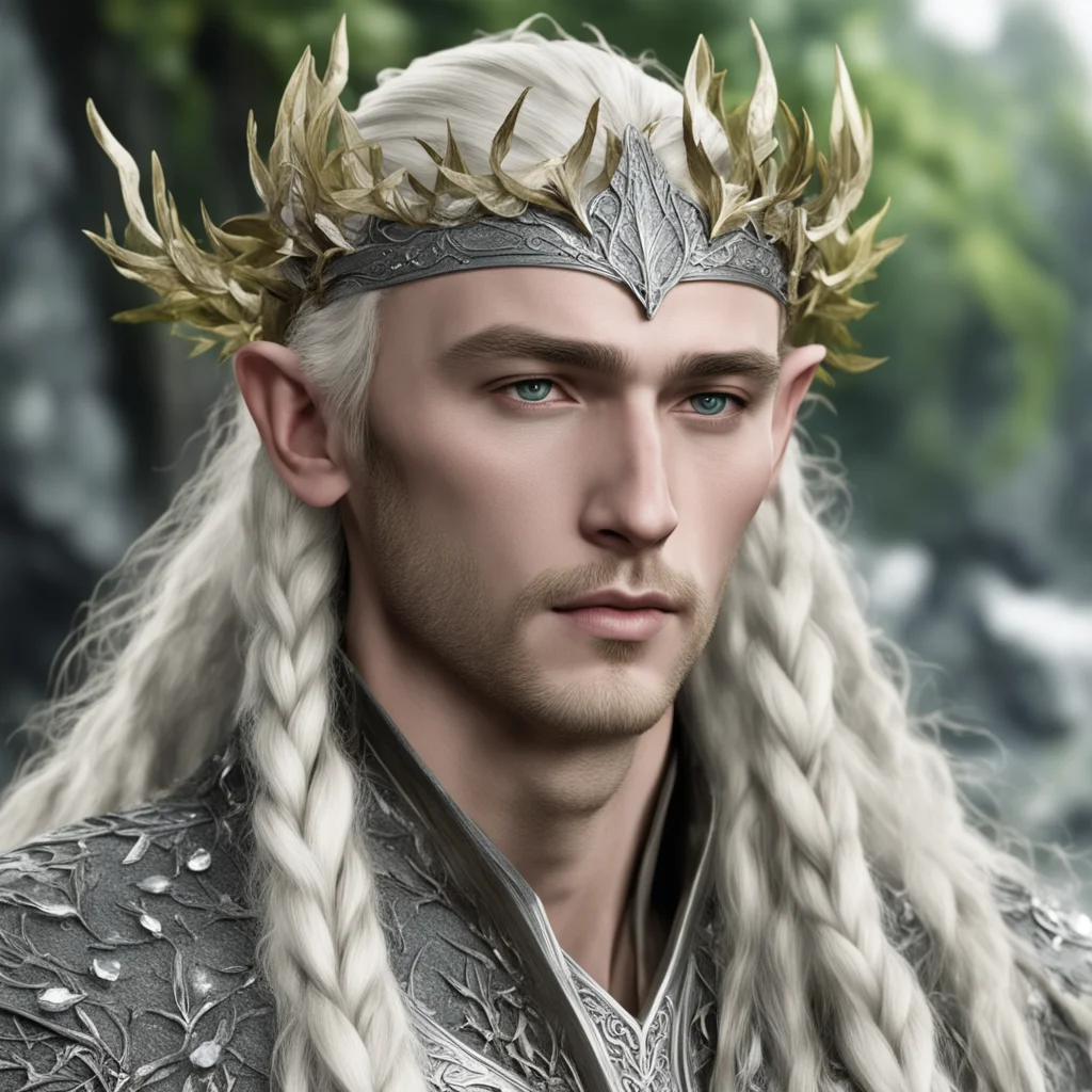 king thranduil with blond hair with braids wearing oak leaves of silver elvish circlet encrusted with diamonds good looking trending fantastic 1