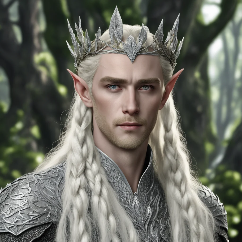 king thranduil with blond hair with braids wearing oak leaves of silver elvish circlet encrusted with diamonds