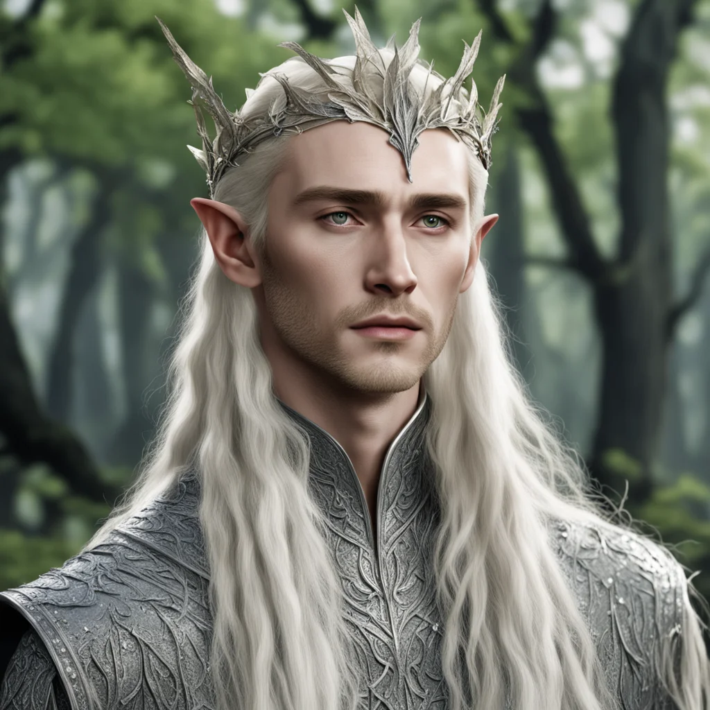 king thranduil with blond hair with braids wearing silver beech leaf elvish circlet encrusted with dianonds confident engaging wow artstation art 3