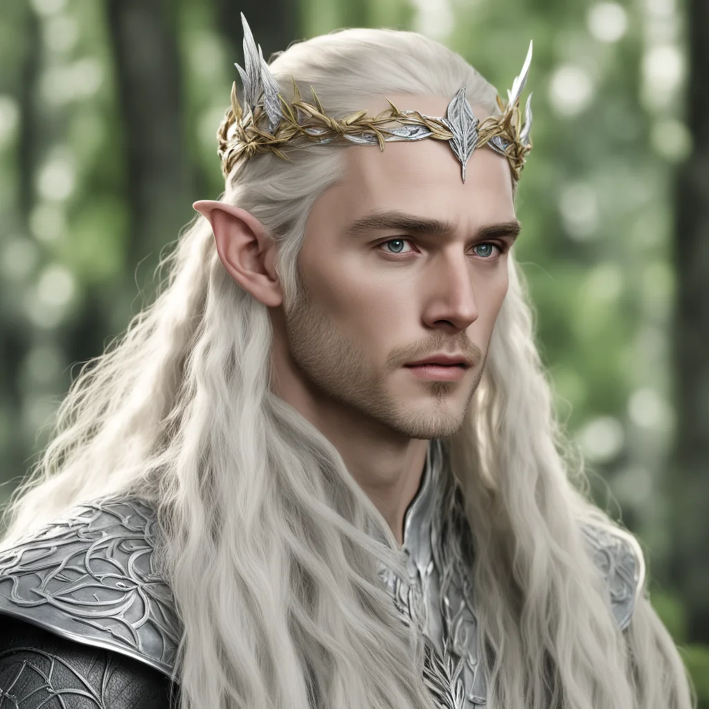 king thranduil with blond hair with braids wearing silver birch leaf elven circlet with diamonds