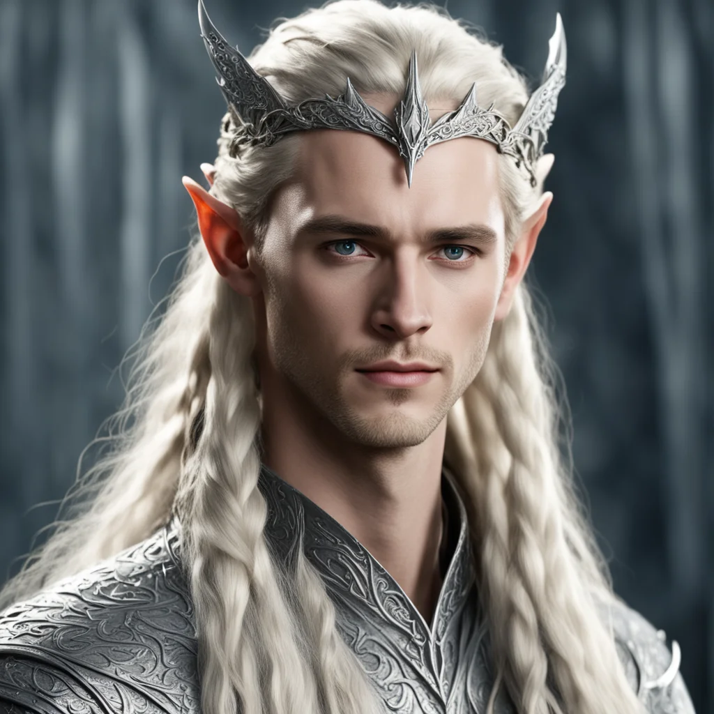 king thranduil with blond hair with braids wearing silver dragon elvish circlet with diamonds