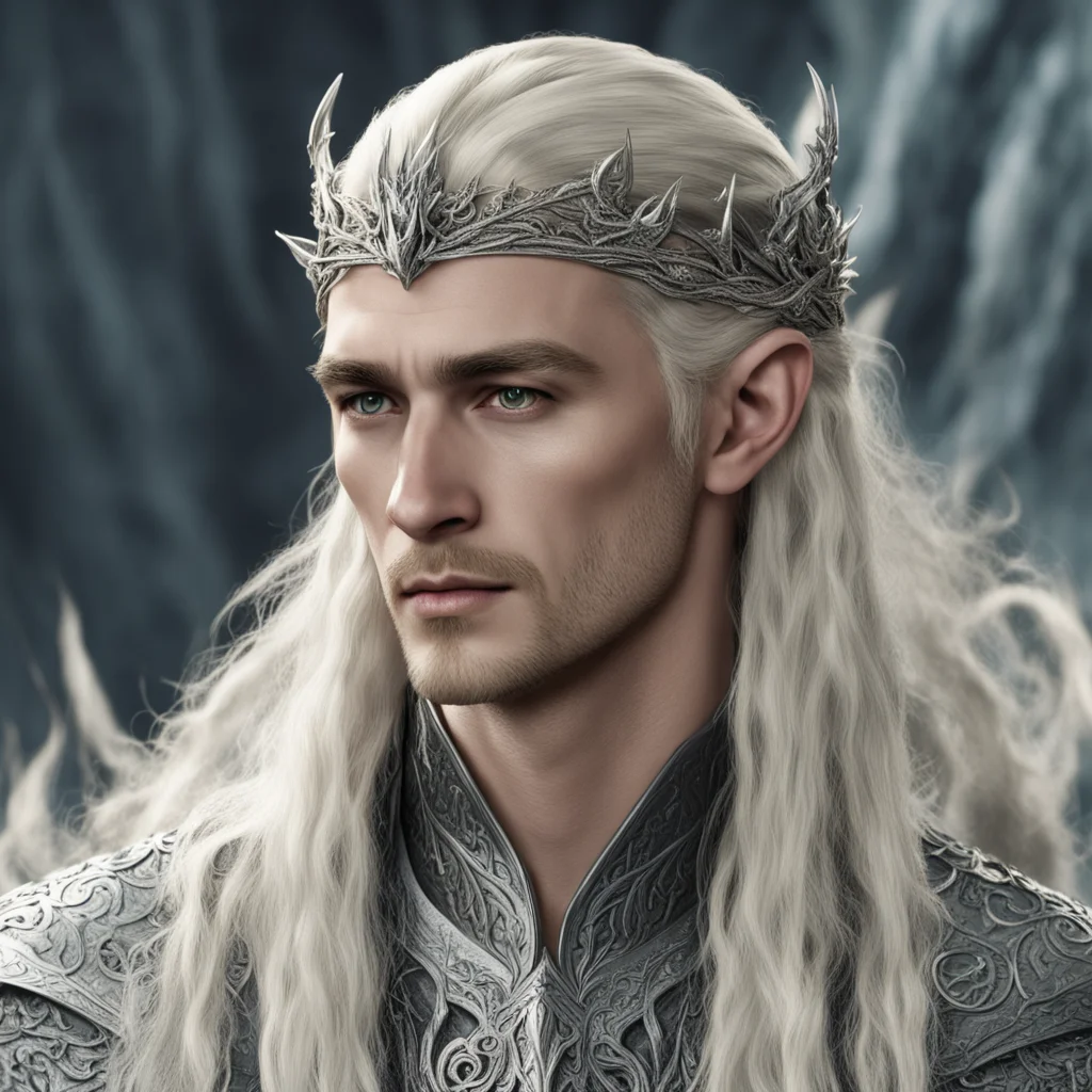 king thranduil with blond hair with braids wearing silver dragon elvish coronet heavily accented with diamonds good looking trending fantastic 1