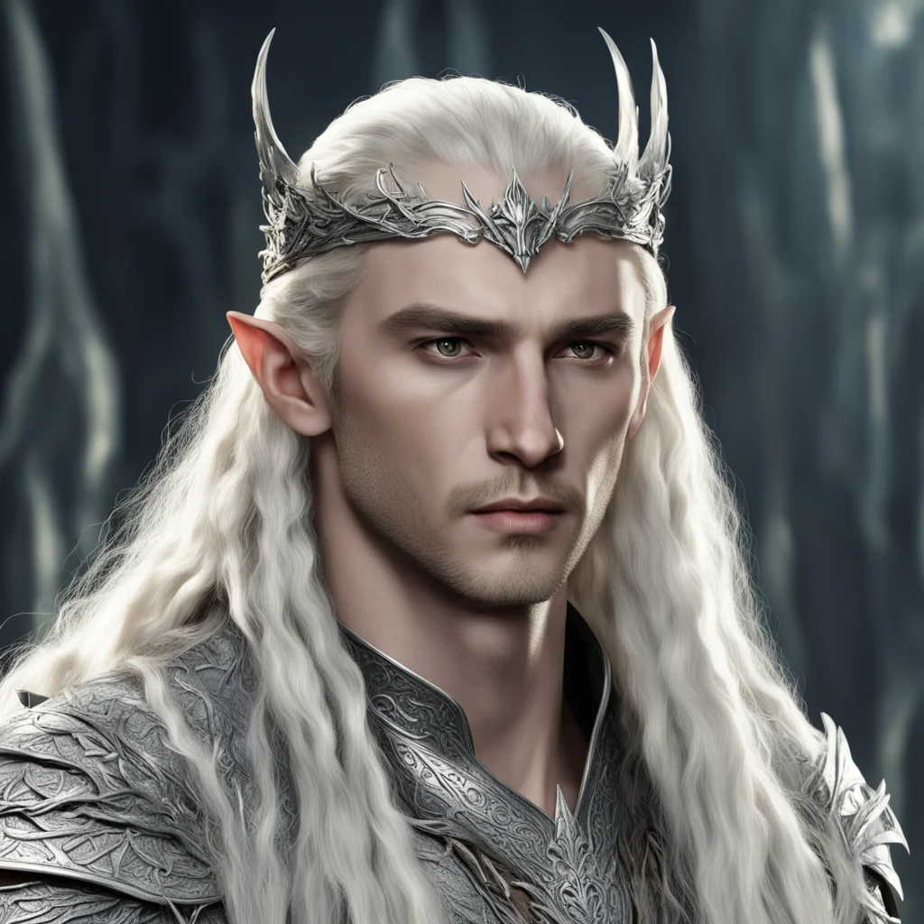 king thranduil with blond hair with braids wearing silver dragon elvish coronet heavily accented with diamonds