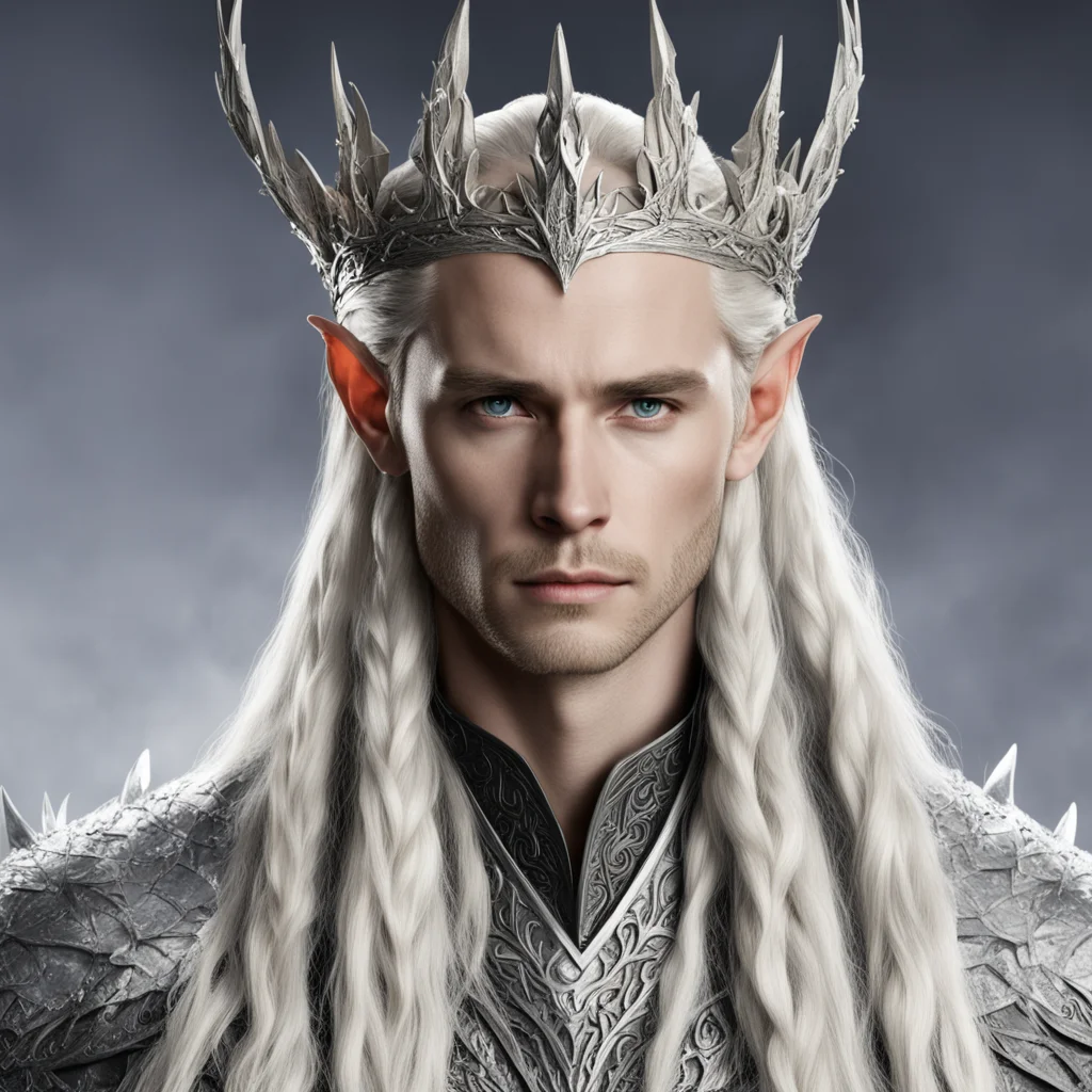 king thranduil with blond hair with braids wearing silver dragon elvish crown with diamonds confident engaging wow artstation art 3