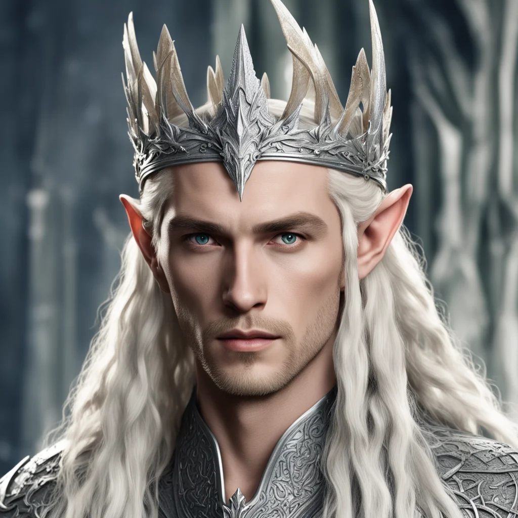 king thranduil with blond hair with braids wearing silver dragon elvish crown with large diamonds amazing awesome portrait 2