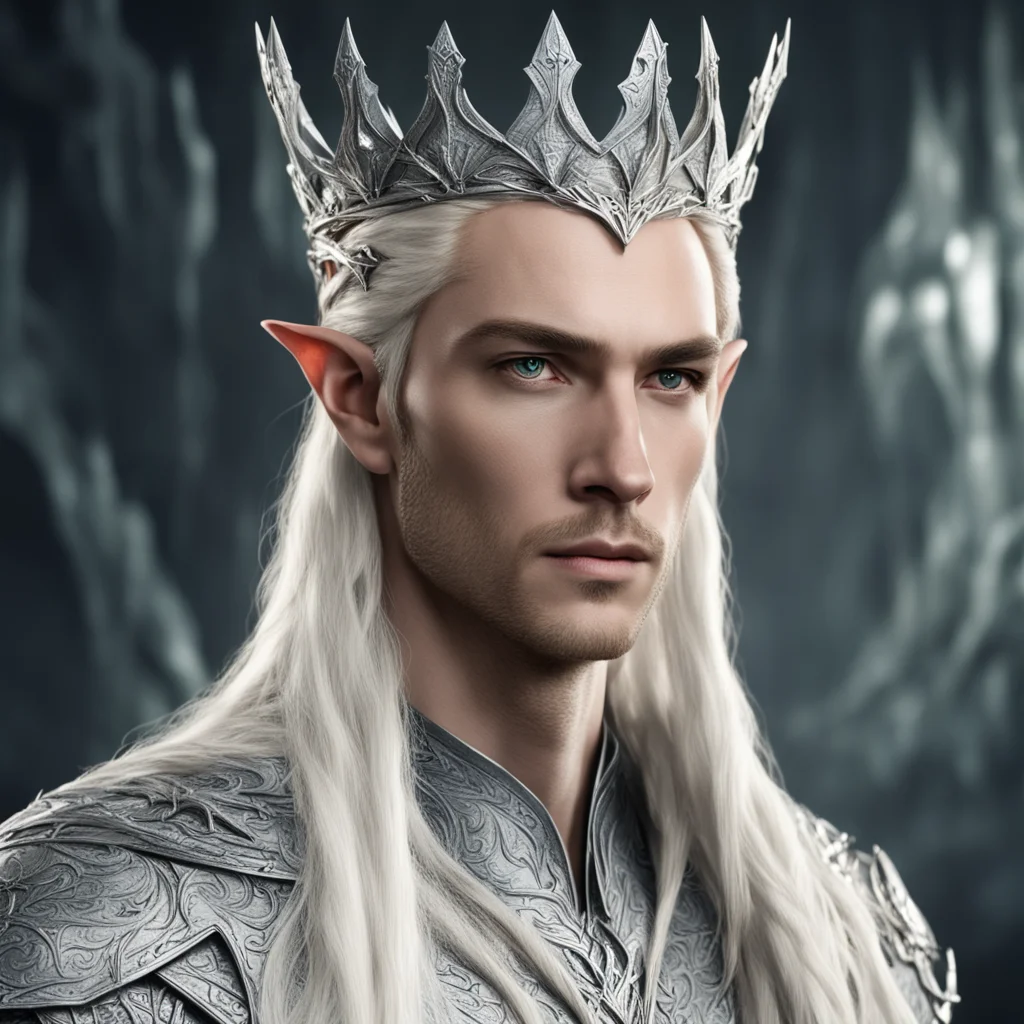 king thranduil with blond hair with braids wearing silver dragon elvish crown with large diamonds
