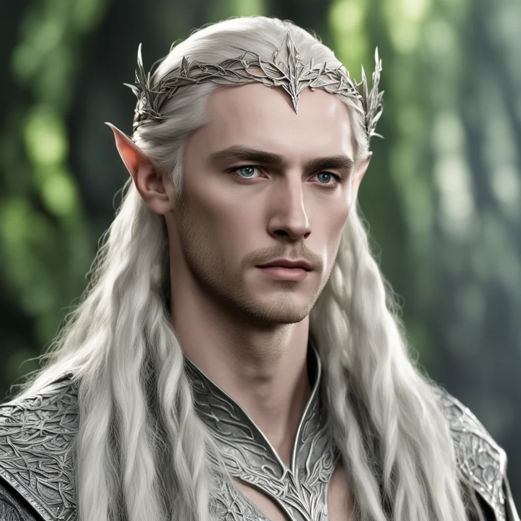 king thranduil with blond hair with braids wearing silver elm leaf elvish circlet with diamonds confident engaging wow artstation art 3