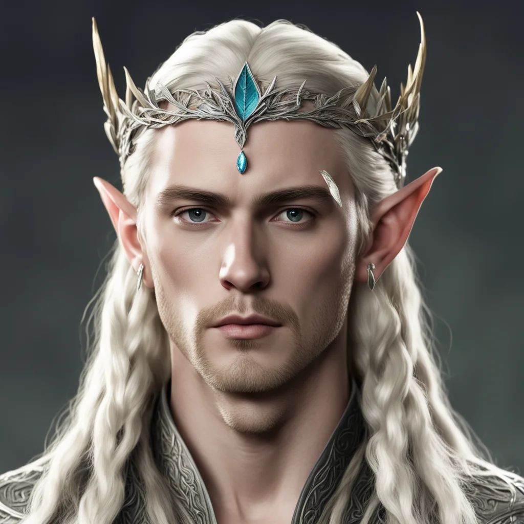 king thranduil with blond hair with braids wearing silver elm leaf elvish circlet with diamonds