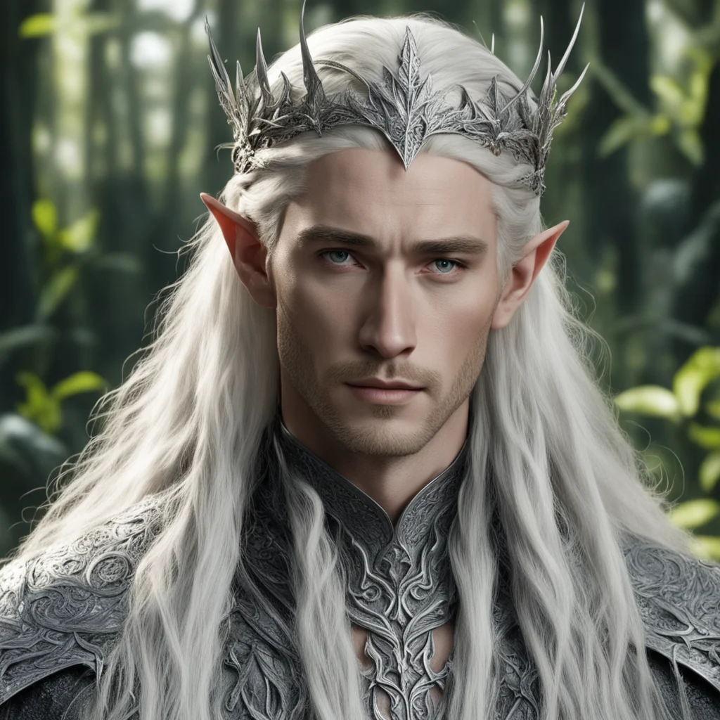 king thranduil with blond hair with braids wearing silver elvish circlet embellished with oak leaves made of silver encrusted with diamonds  confident engaging wow artstation art 3