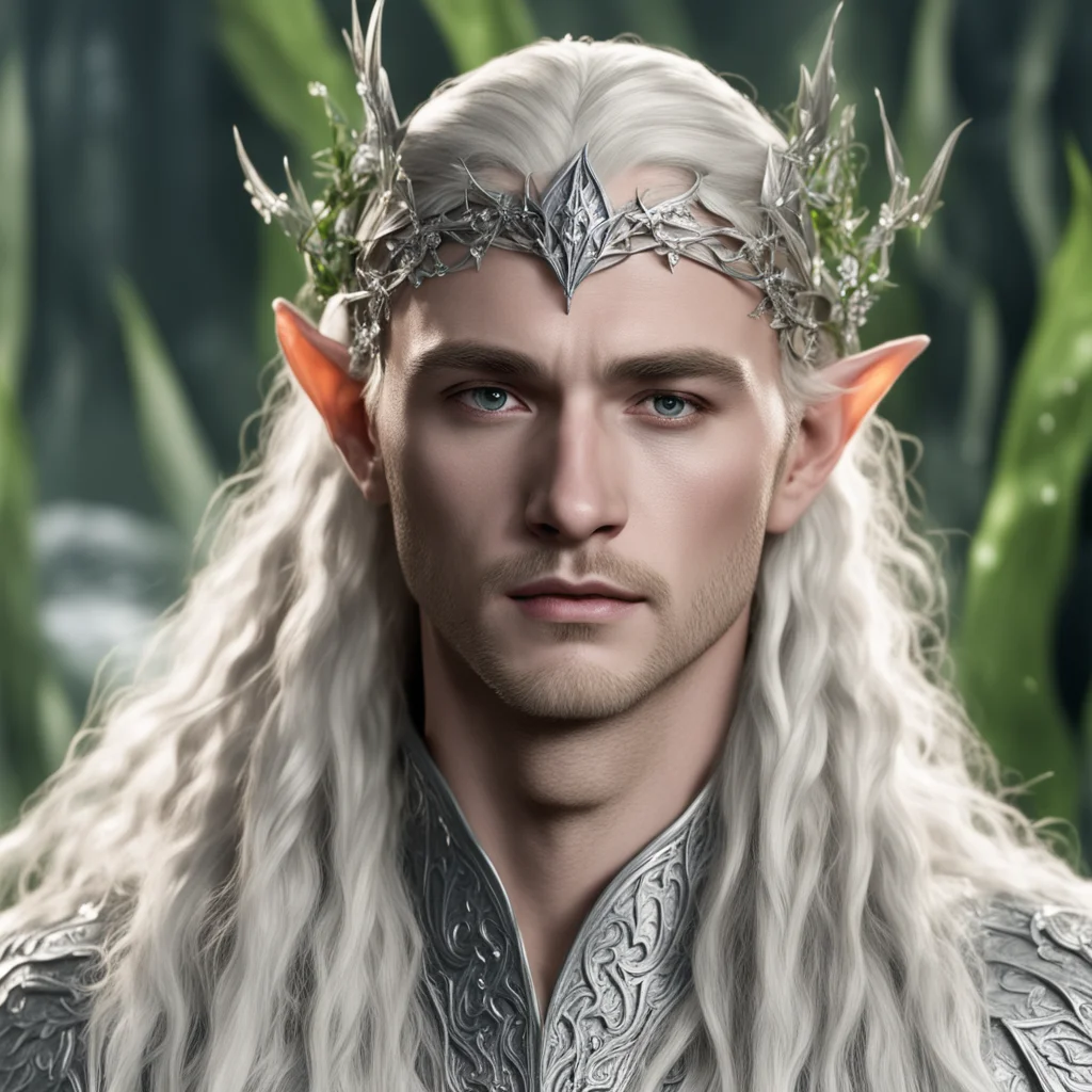 king thranduil with blond hair with braids wearing silver elvish circlet embellished with silver ivy leaves with diamonds amazing awesome portrait 2