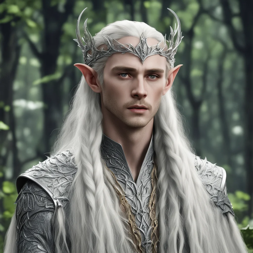 aiking thranduil with blond hair with braids wearing silver elvish circlet embellished with silver ivy leaves with diamonds confident engaging wow artstation art 3