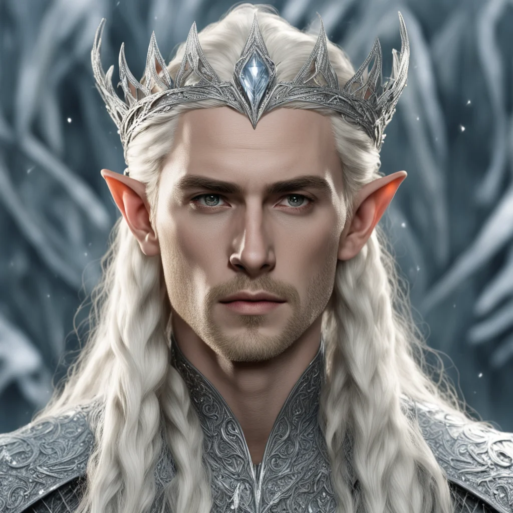 king thranduil with blond hair with braids wearing silver elvish circlet heavily encrusted with large diamonds good looking trending fantastic 1