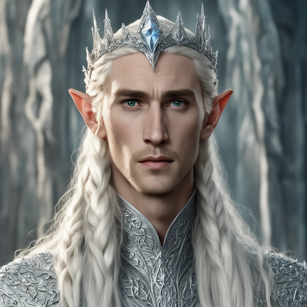 king thranduil with blond hair with braids wearing silver elvish circlet heavily encrusted with large diamonds with large center diamond confident engaging wow artstation art 3