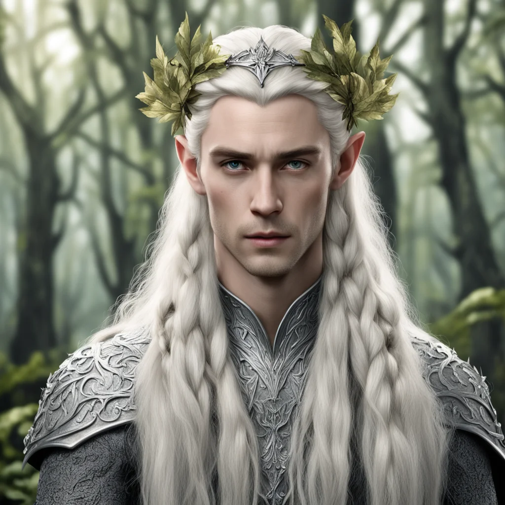 king thranduil with blond hair with braids wearing silver elvish circlet of oak leaves with diamond roses confident engaging wow artstation art 3