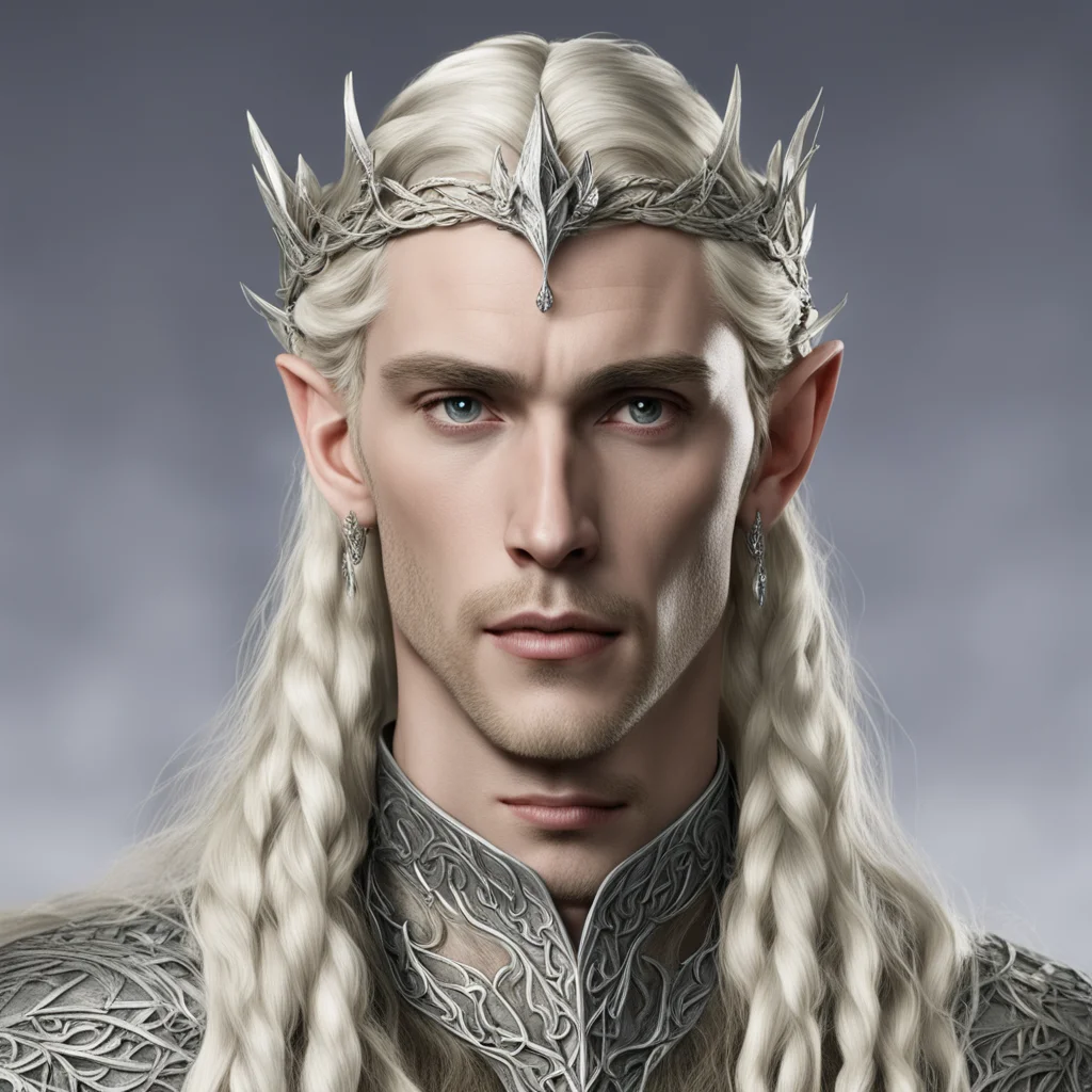 aiking thranduil with blond hair with braids wearing silver fig leaf elvish circlet with diamonds confident engaging wow artstation art 3