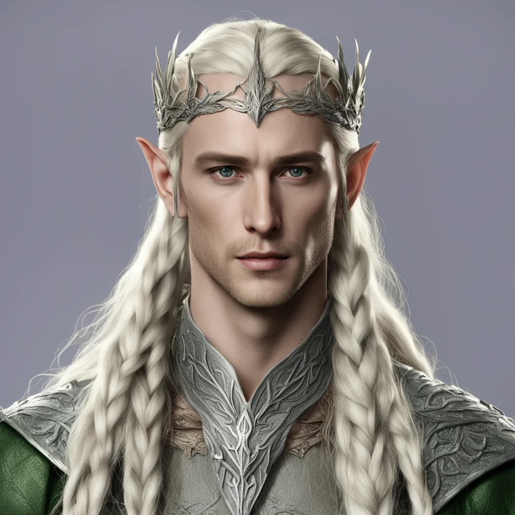 king thranduil with blond hair with braids wearing silver fig leaf elvish circlet with diamonds good looking trending fantastic 1