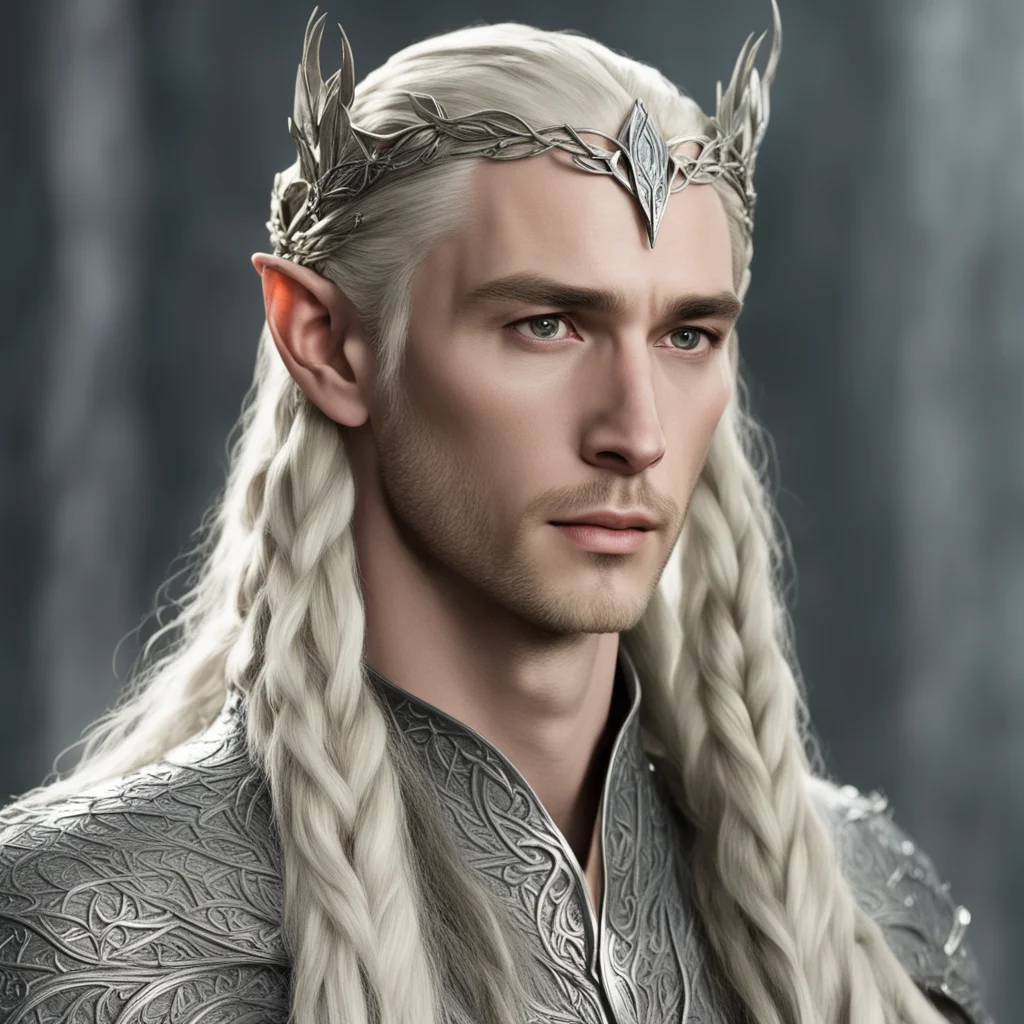 king thranduil with blond hair with braids wearing silver fig leaf elvish circlet with diamonds