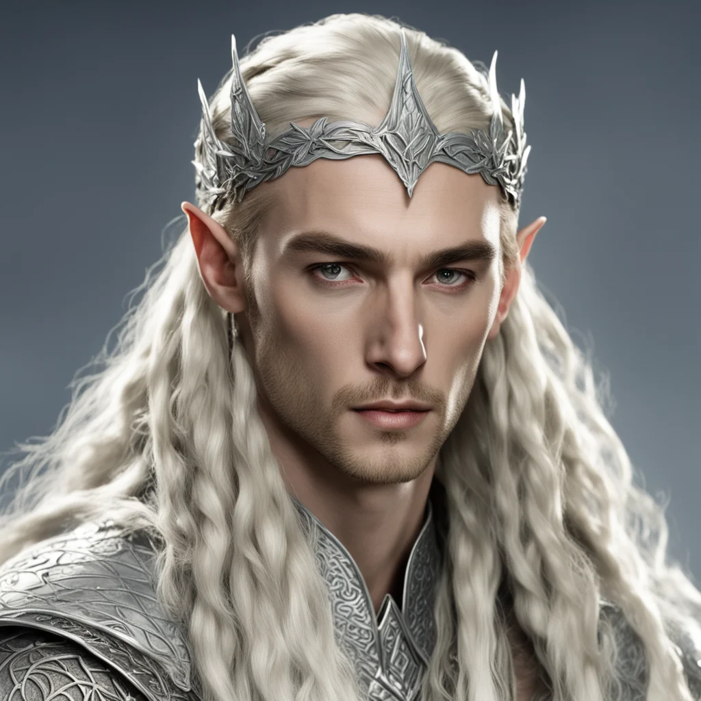 king thranduil with blond hair with braids wearing silver fig leaf elvish circlet with large diamonds amazing awesome portrait 2