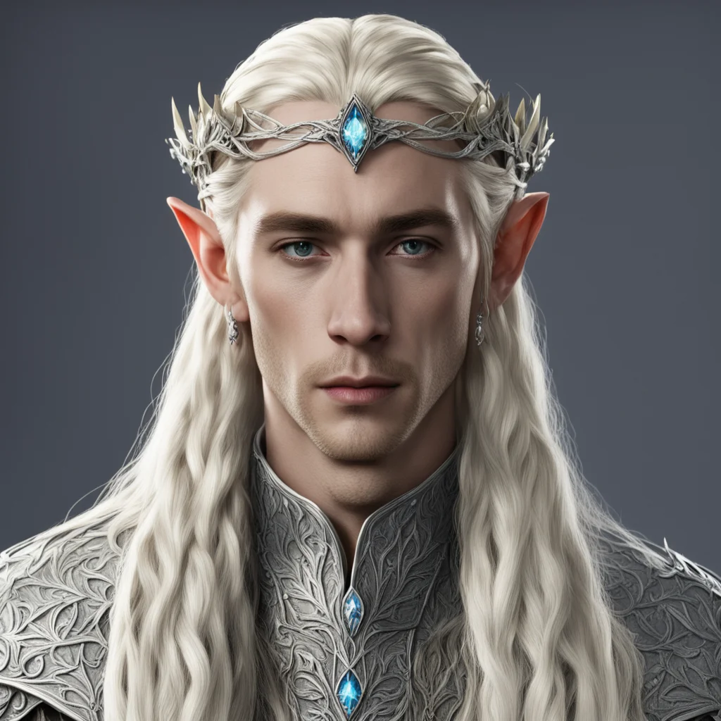 king thranduil with blond hair with braids wearing silver fig leaf elvish circlet with large diamonds confident engaging wow artstation art 3