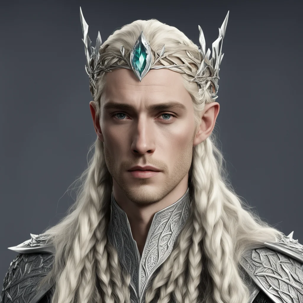 king thranduil with blond hair with braids wearing silver fig leaf elvish circlet with large diamonds