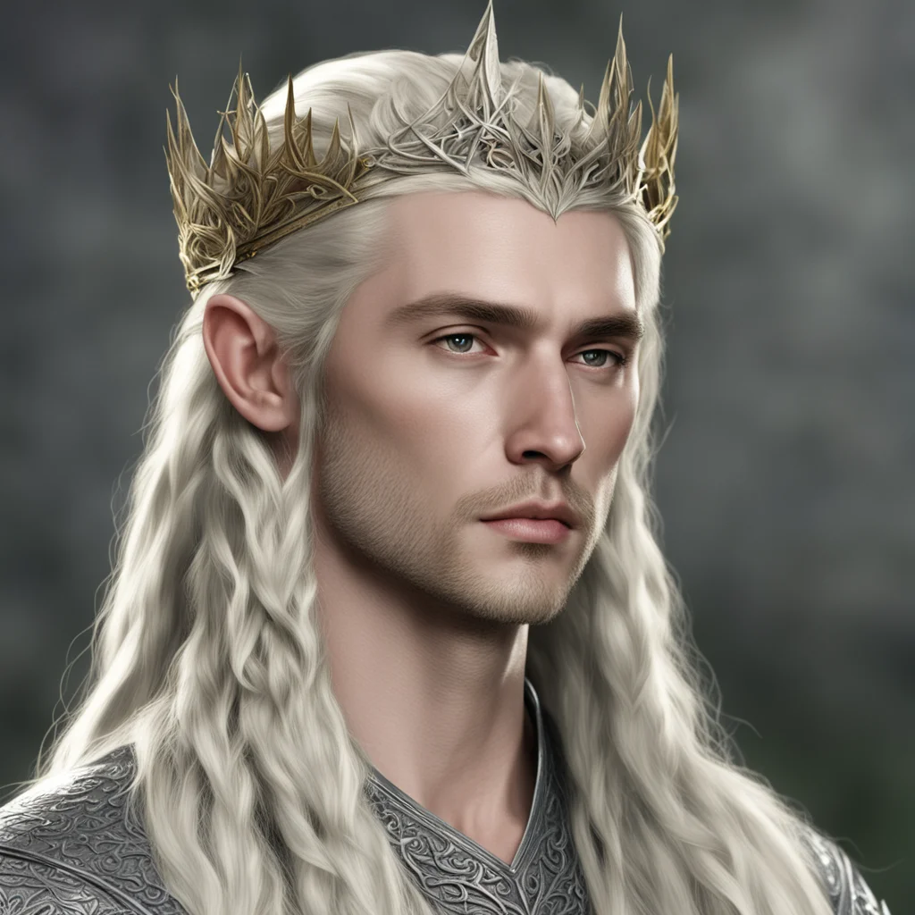 aiking thranduil with blond hair with braids wearing silver flower elvish circlet confident engaging wow artstation art 3