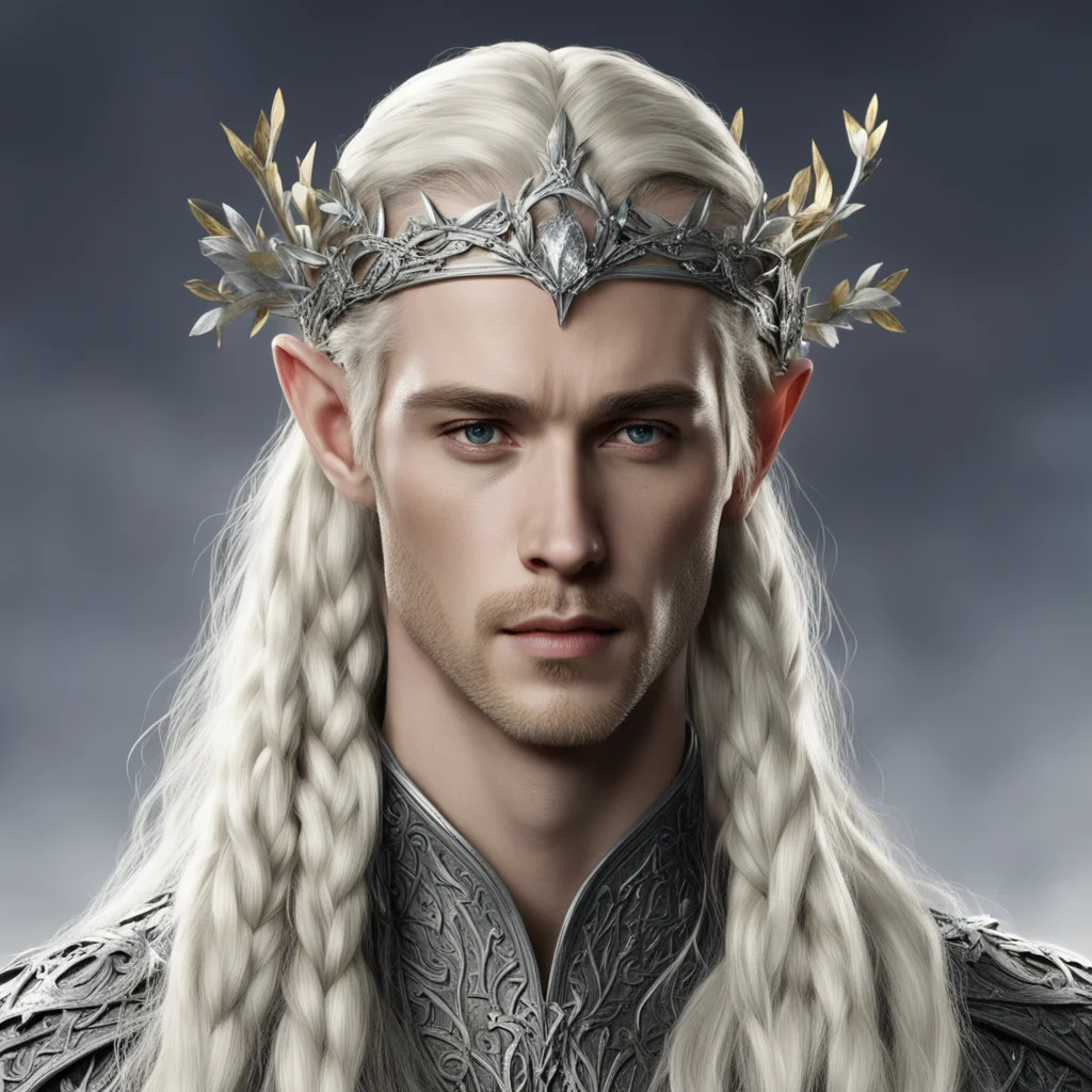 king thranduil with blond hair with braids wearing silver flower elvish circlet encrusted with diamonds  confident engaging wow artstation art 3
