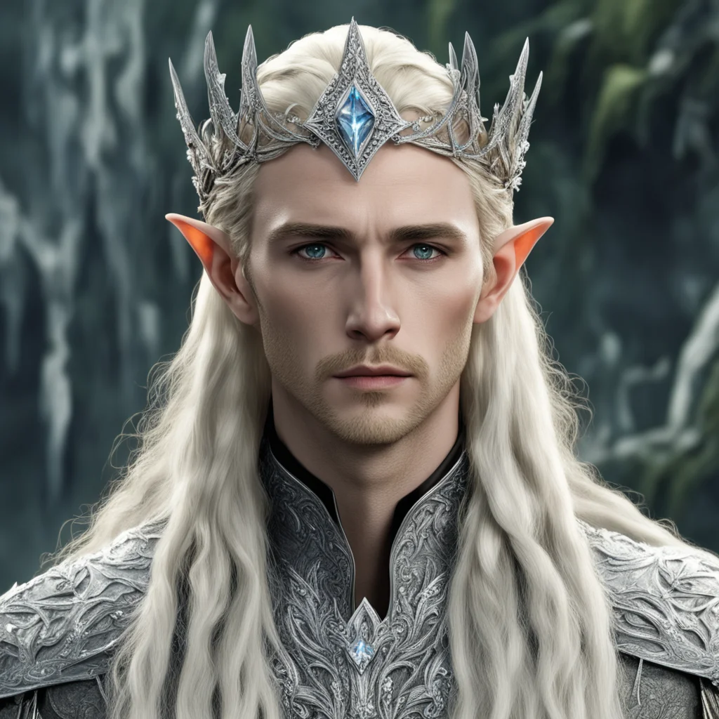 king thranduil with blond hair with braids wearing silver flower elvish circlet encrusted with diamonds with large center diamond confident engaging wow artstation art 3