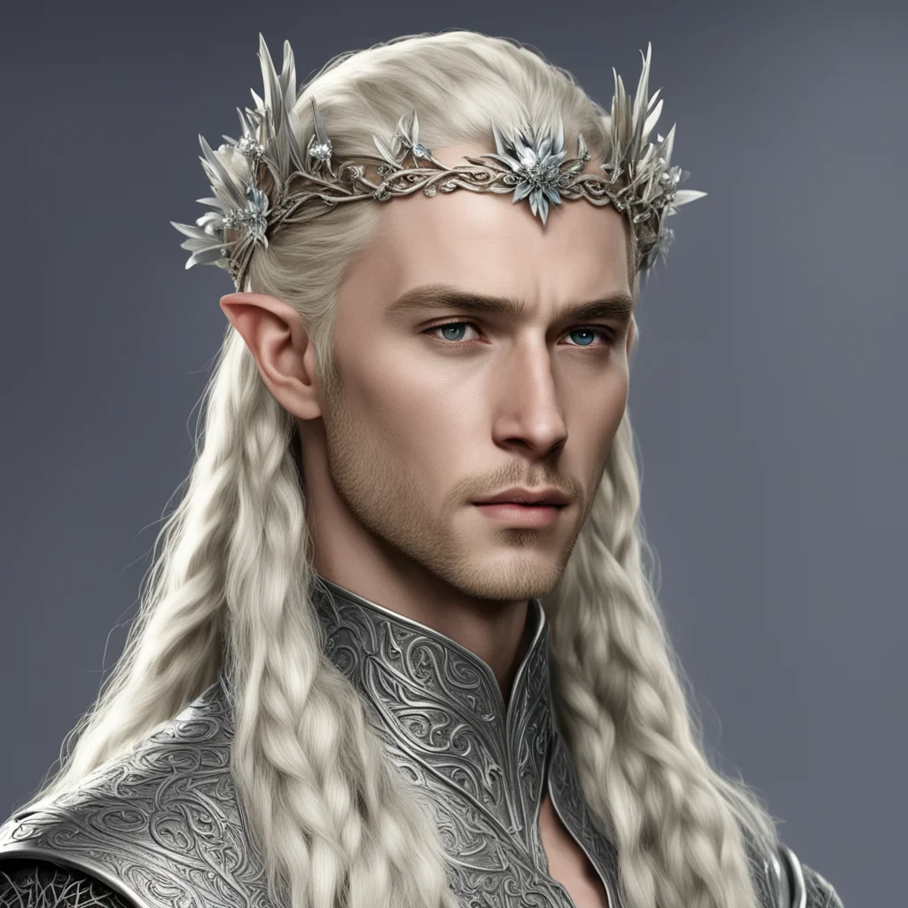 aiking thranduil with blond hair with braids wearing silver flower elvish circlet with diamonds good looking trending fantastic 1