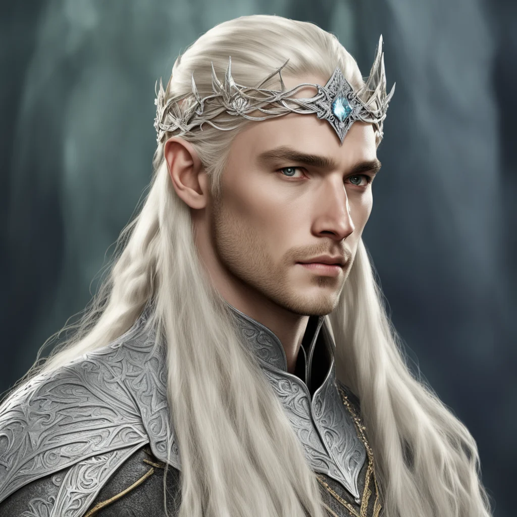 aiking thranduil with blond hair with braids wearing silver flower elvish circlet with diamonds with large center diamond confident engaging wow artstation art 3