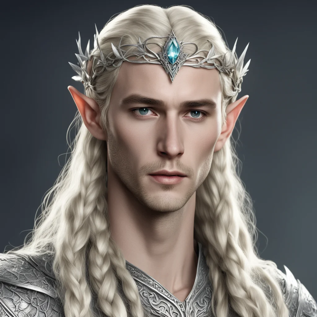 aiking thranduil with blond hair with braids wearing silver flower elvish circlet with large diamonds confident engaging wow artstation art 3