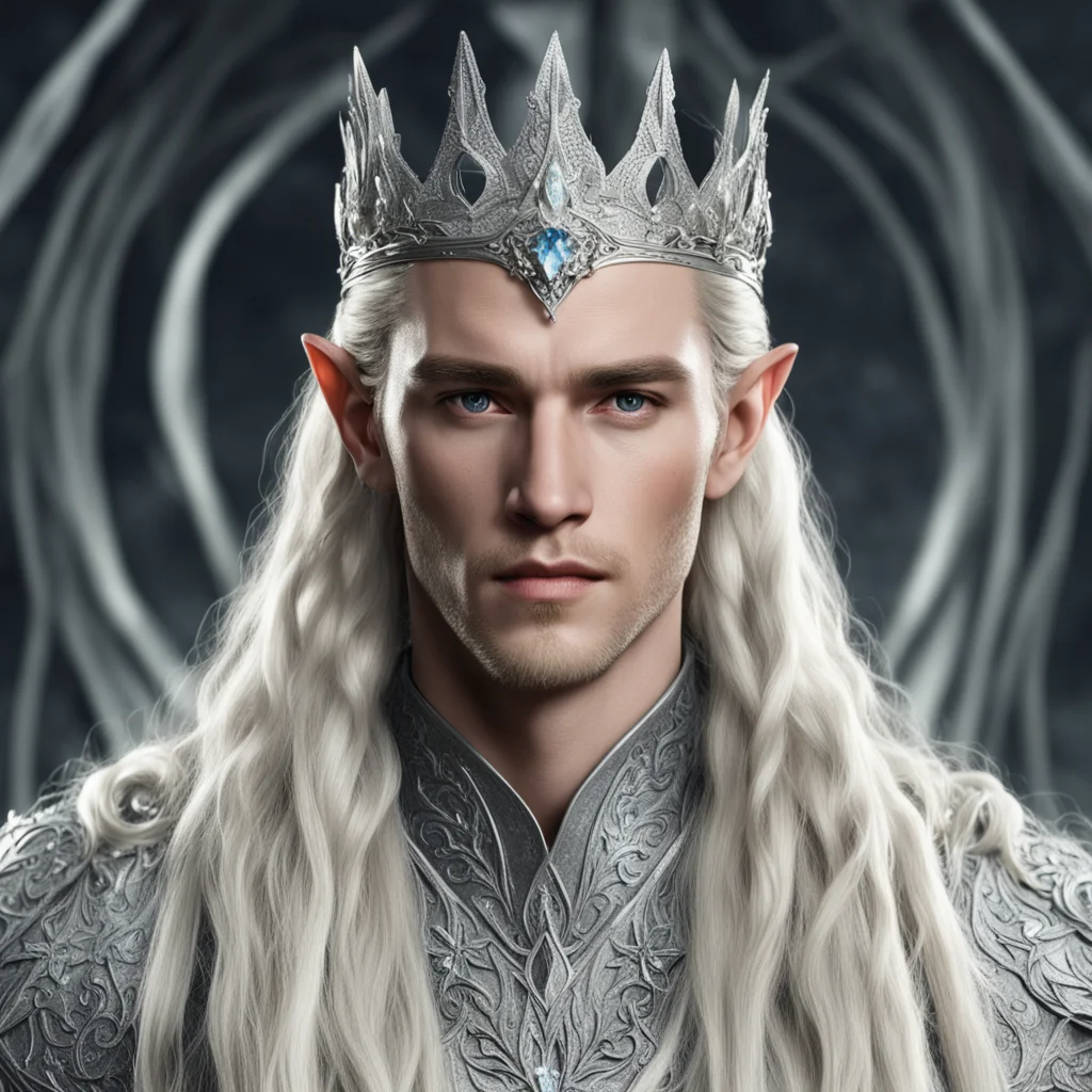 king thranduil with blond hair with braids wearing silver flower elvish coronet encrusted with diamonds with large center diamond good looking trending fantastic 1