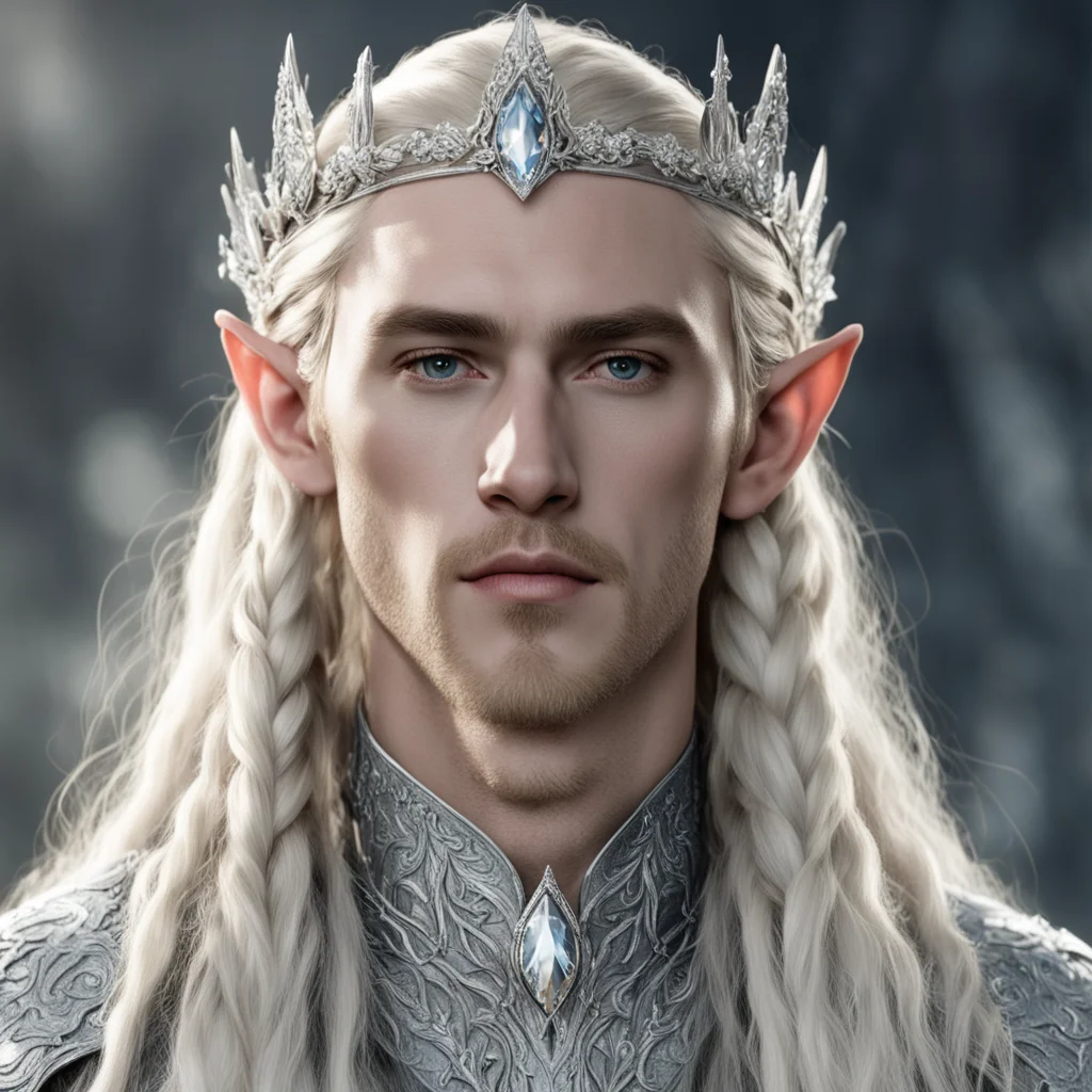 king thranduil with blond hair with braids wearing silver flower elvish tiara encrusted with diamonds with large center diamond confident engaging wow artstation art 3