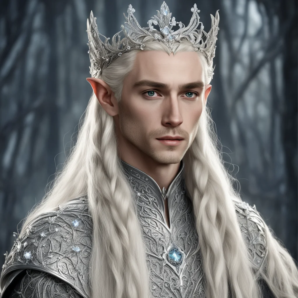 king thranduil with blond hair with braids wearing silver flower elvish tiara encrusted with diamonds with large center diamond good looking trending fantastic 1