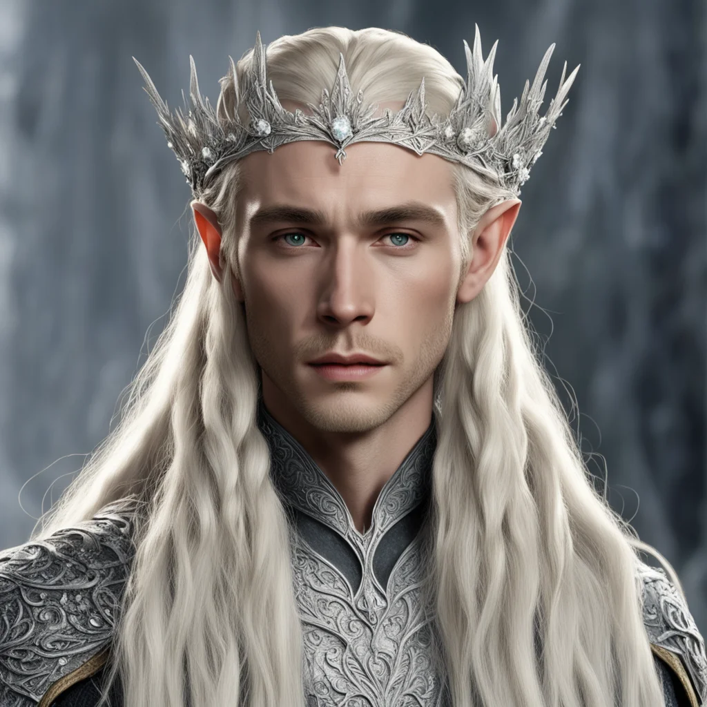king thranduil with blond hair with braids wearing silver flower elvish tiara encrusted with diamonds with large center diamond