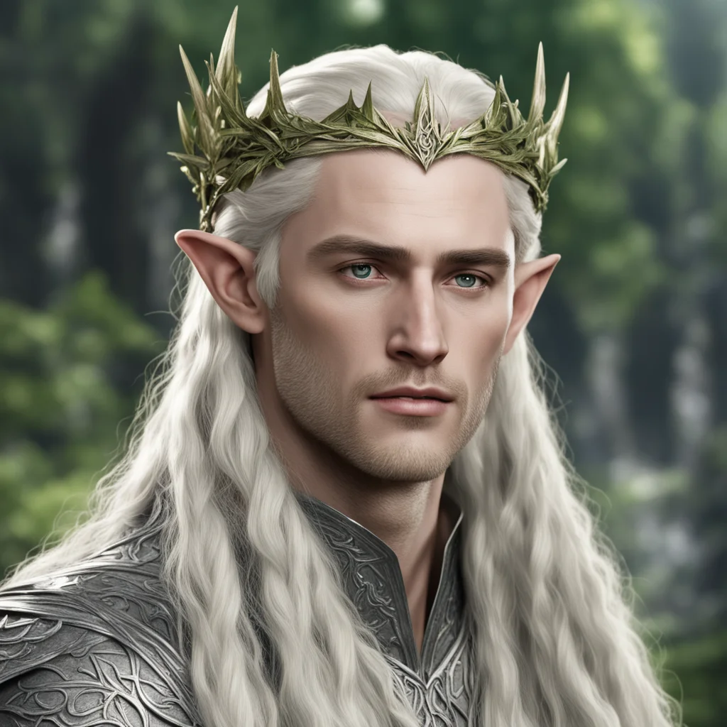king thranduil with blond hair with braids wearing silver ivy elvish circlet confident engaging wow artstation art 3