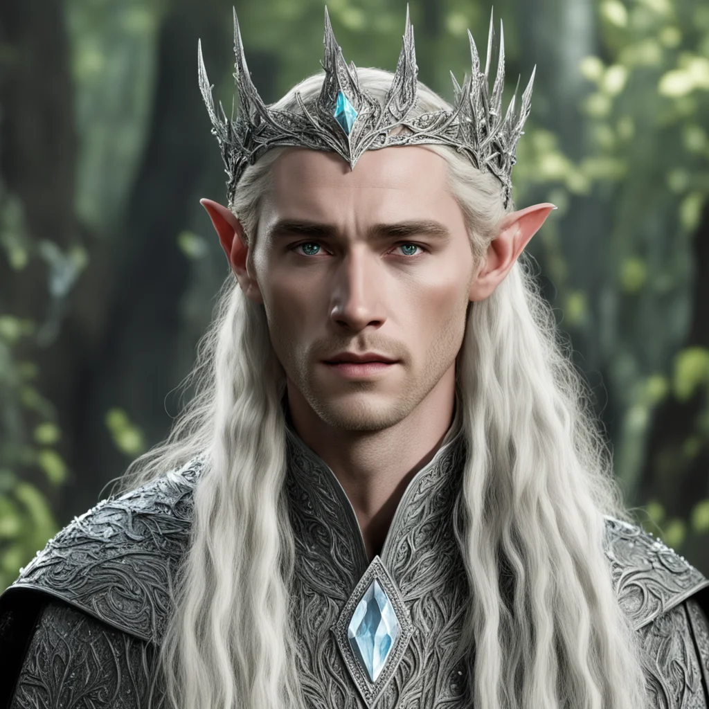 king thranduil with blond hair with braids wearing silver laurel leaf elvish circlet encrusted with diamonds with large center diamond amazing awesome portrait 2