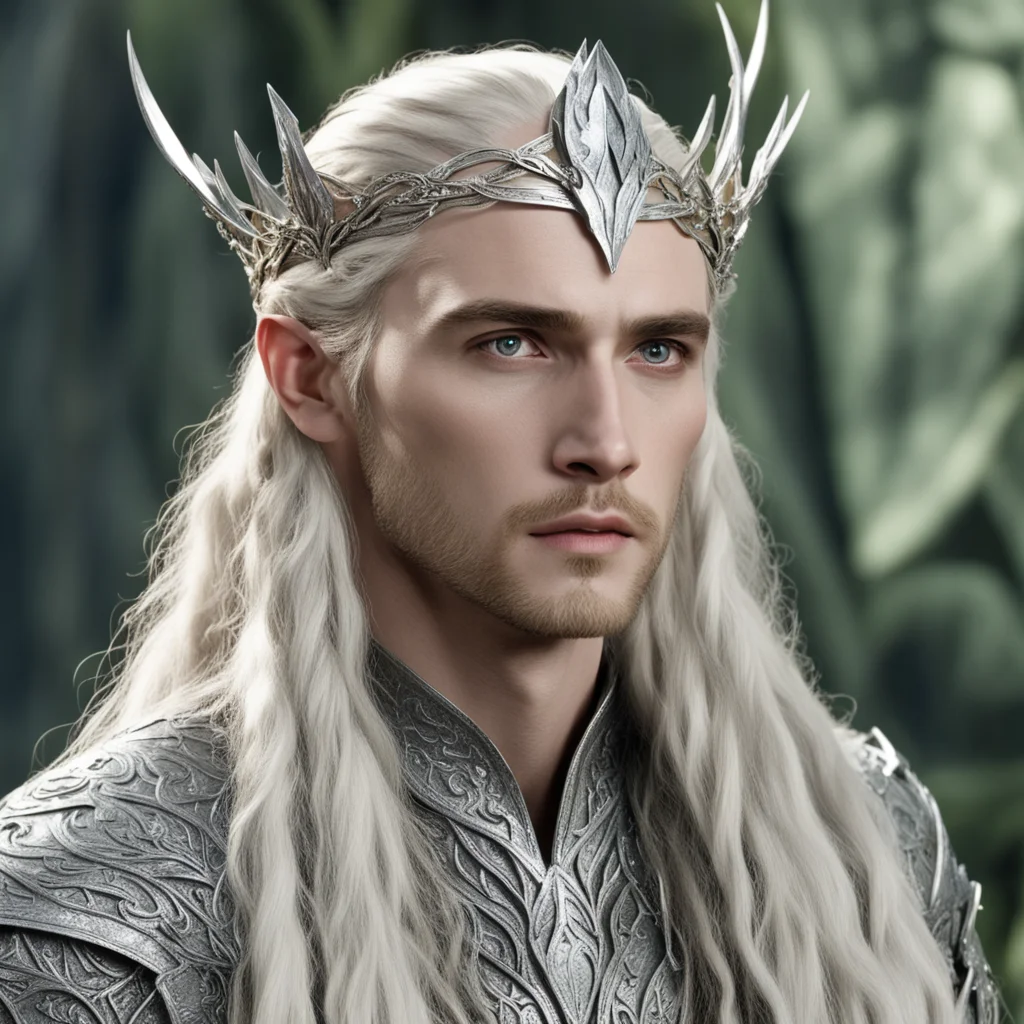 king thranduil with blond hair with braids wearing silver laurel leaf elvish circlet encrusted with diamonds with large center diamond confident engaging wow artstation art 3