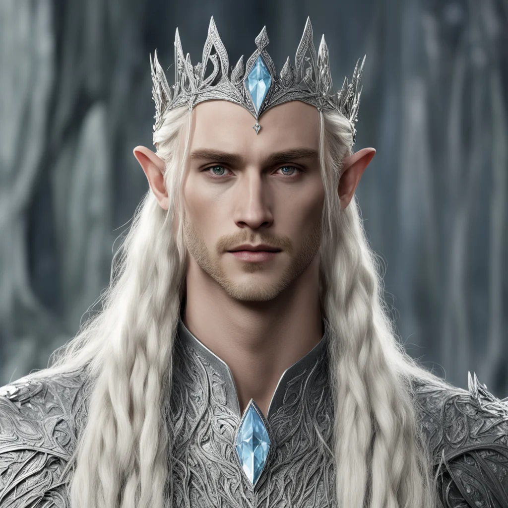 king thranduil with blond hair with braids wearing silver laurel leaf elvish circlet encrusted with diamonds with large center diamond good looking trending fantastic 1