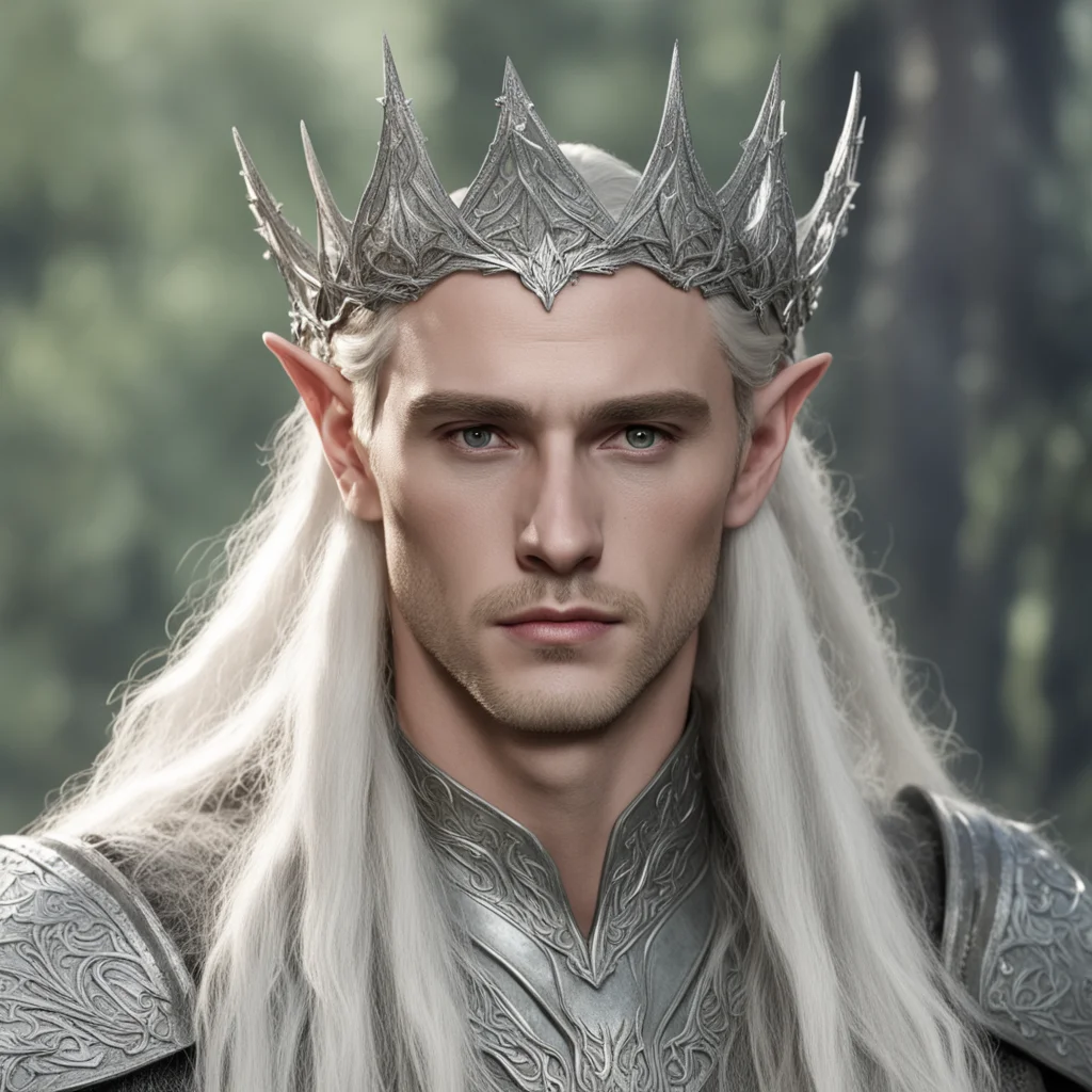king thranduil with blond hair with braids wearing silver leaf and vine elvish circlet with diamonds confident engaging wow artstation art 3