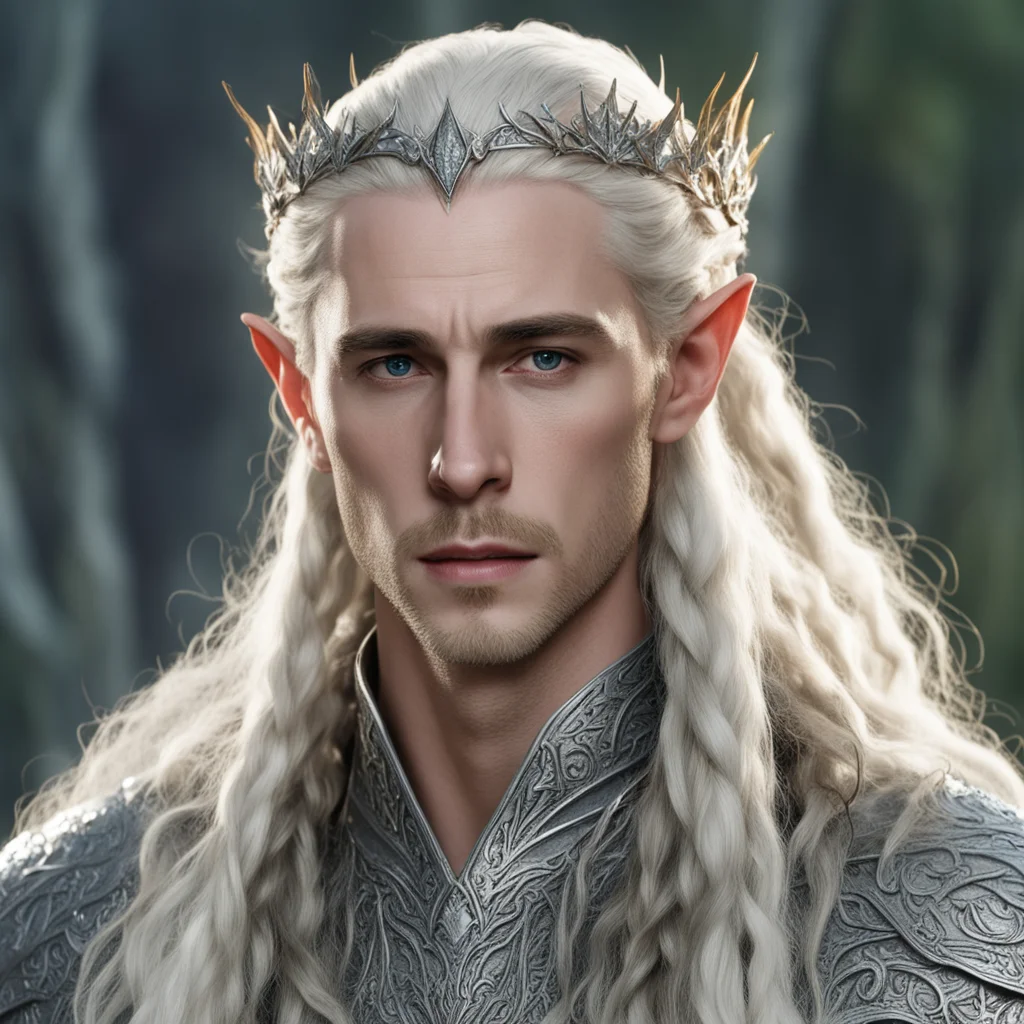 aiking thranduil with blond hair with braids wearing silver leaf elvish circlet encrusted with diamonds amazing awesome portrait 2