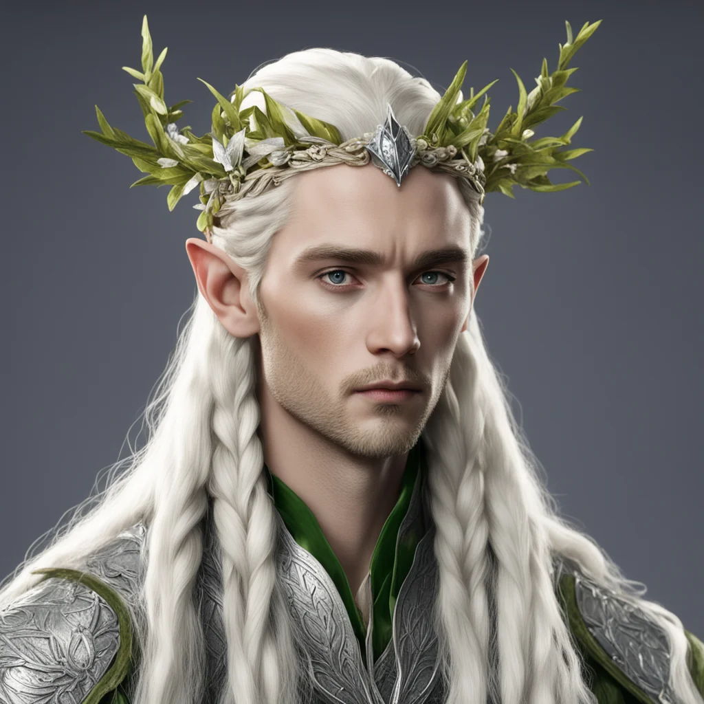 king thranduil with blond hair with braids wearing silver leaves and diamond berries on head amazing awesome portrait 2