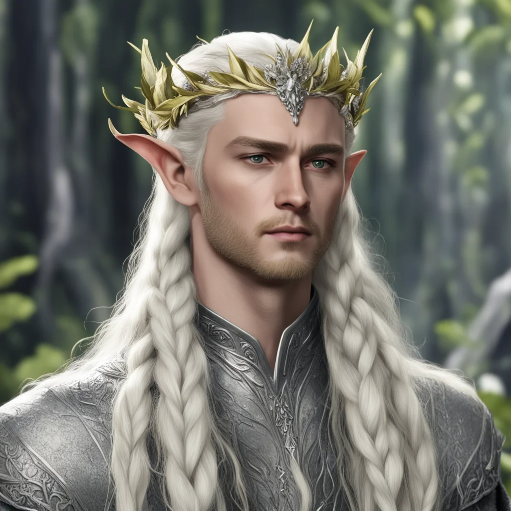 king thranduil with blond hair with braids wearing silver leaves and diamond berries on head good looking trending fantastic 1