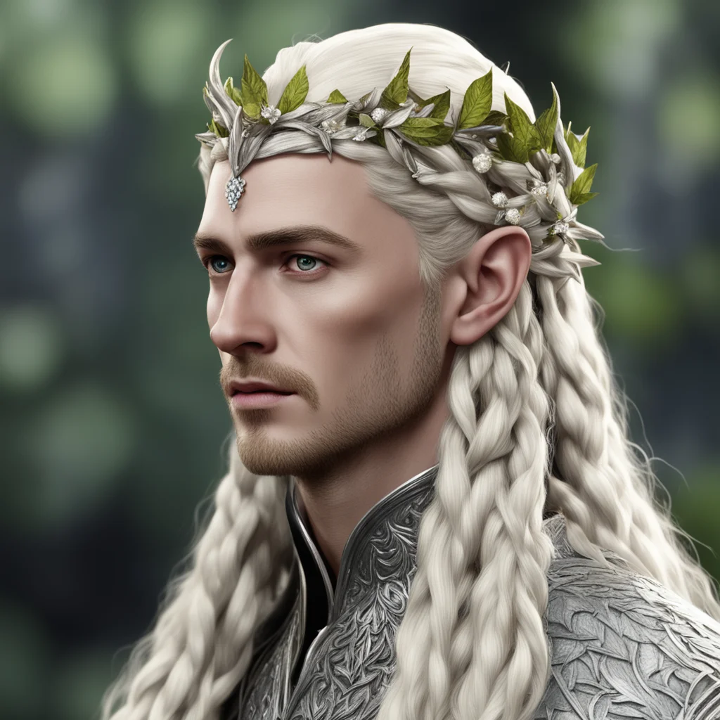 king thranduil with blond hair with braids wearing silver leaves and diamond berries on head