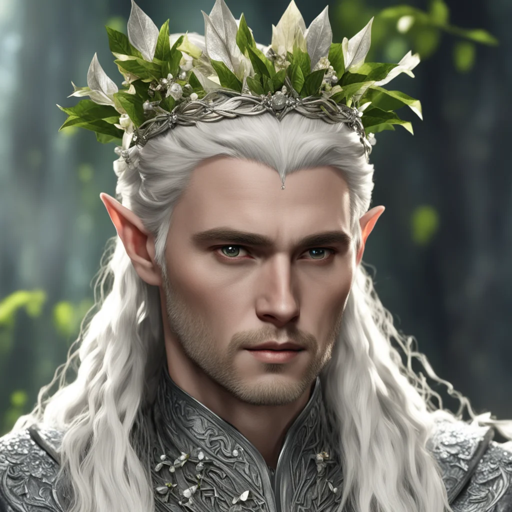 king thranduil with blond hair with braids wearing silver leaves with diamond berries on head amazing awesome portrait 2