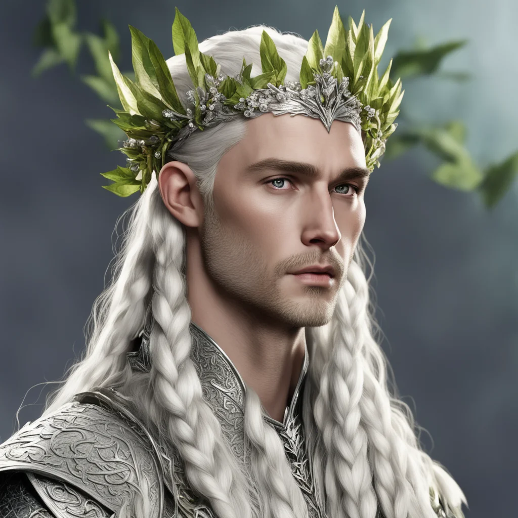 king thranduil with blond hair with braids wearing silver leaves with diamond berries on head confident engaging wow artstation art 3