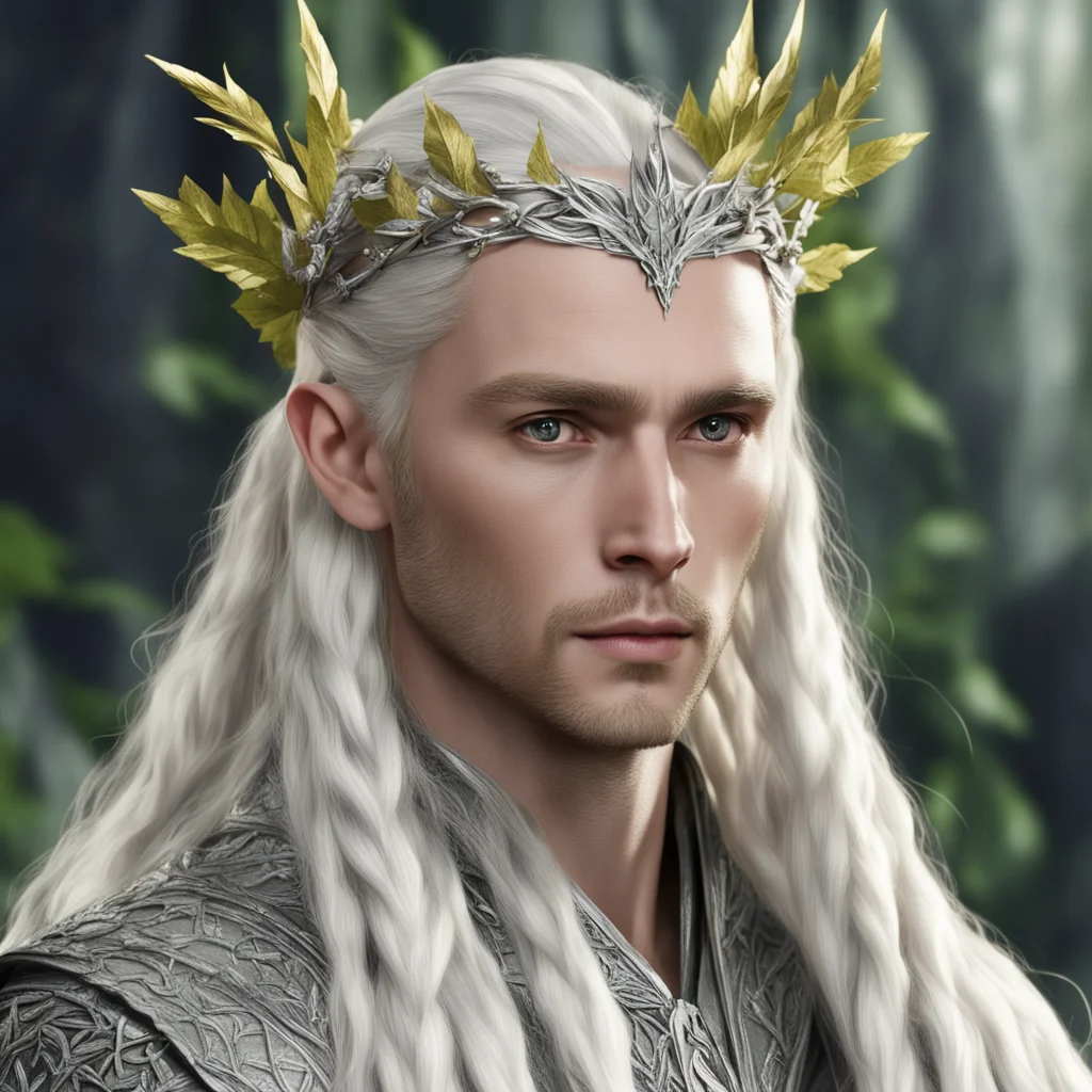 king thranduil with blond hair with braids wearing silver leaves with diamond berries on head good looking trending fantastic 1