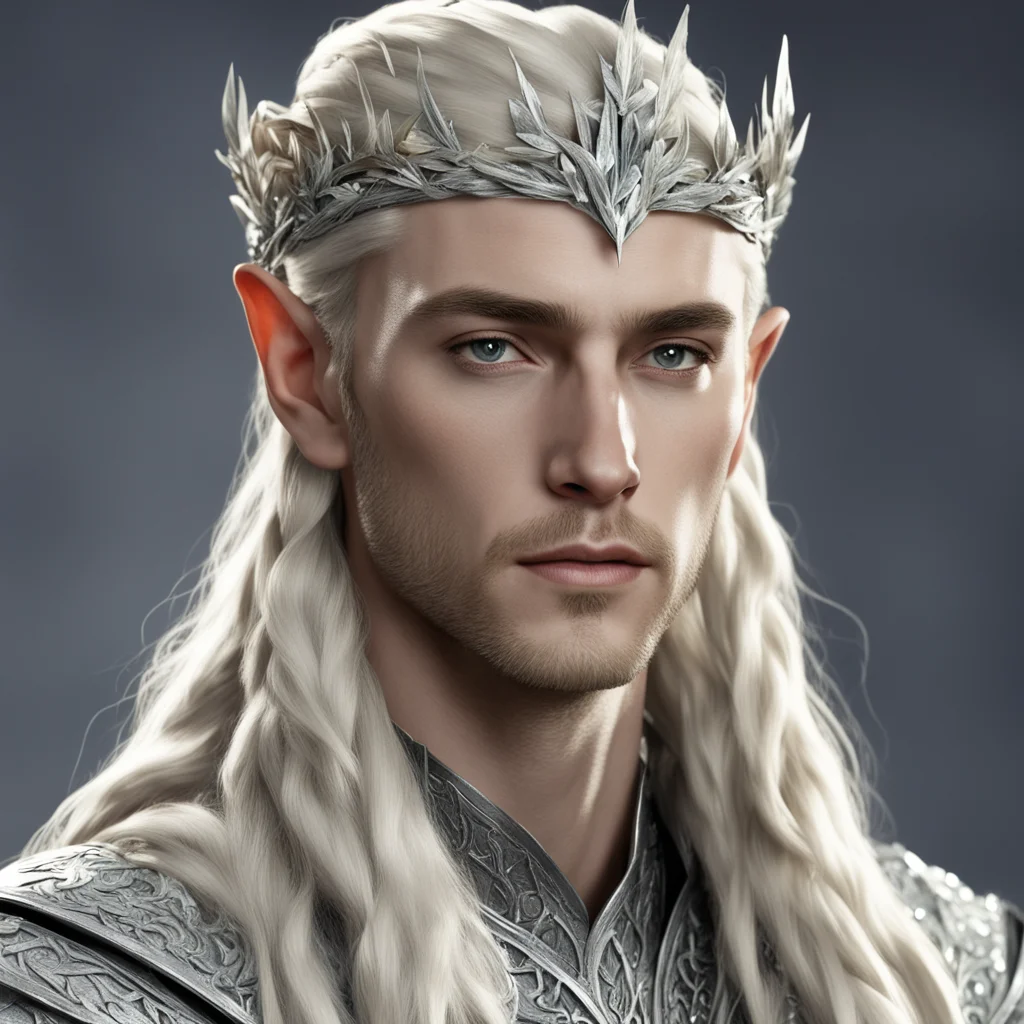 king thranduil with blond hair with braids wearing silver leaves with diamonds on the head confident engaging wow artstation art 3